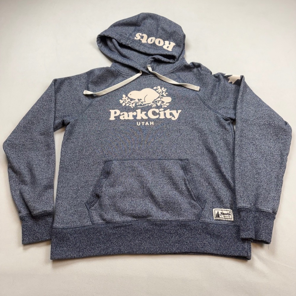 Roots Canada Park City Utah Hoodie Mens Medium Blue Salt and Pepper Sweatshirtโ